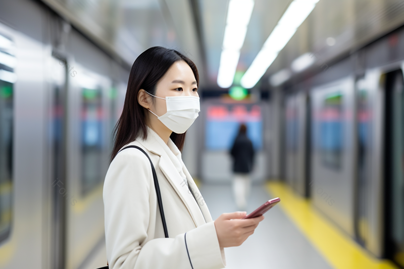 戴口罩的女性拿手机等地铁,高清,摄影图,摄影图片,图片大全,摄影图免费下载